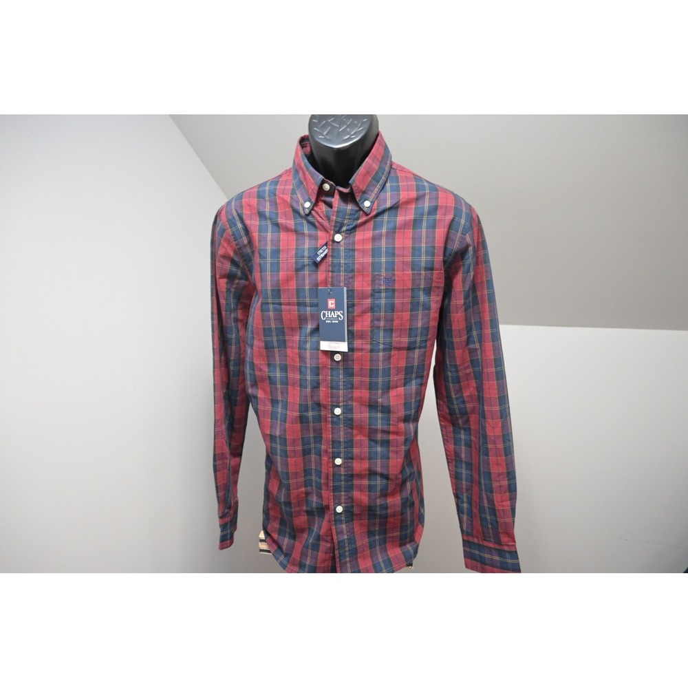Chaps‎ Button Down Shirt Mens Medium Maroon Plaid Stretch Long Sleeve New